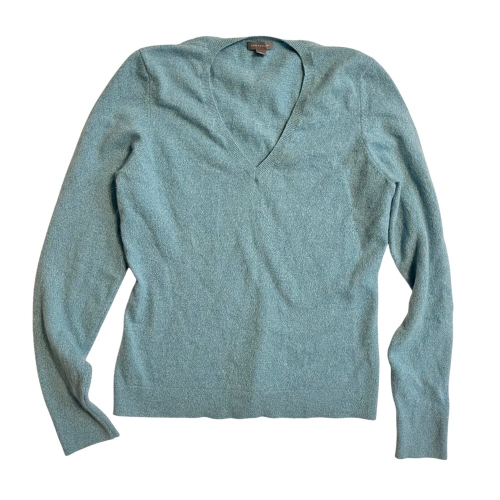 Ann Taylor 100% Cashmere Sweater S Blue V-Neck Classic Soft Girl Quiet Luxury